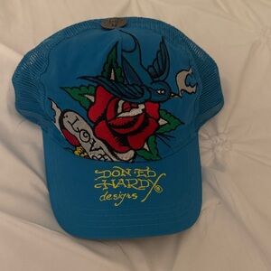 Ed Hardy Blue Hat with Bird and Rose Design
